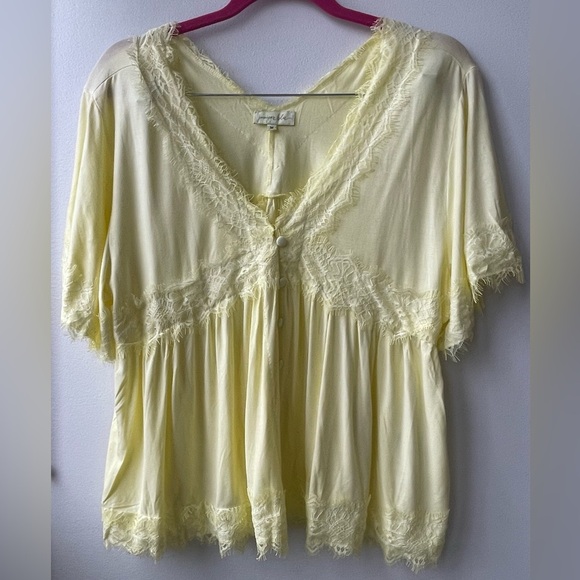 JUNIPER BLUE Pastel Yellow V Neck Top With Lace Detailing Size Medium NW… - Picture 5 of 10